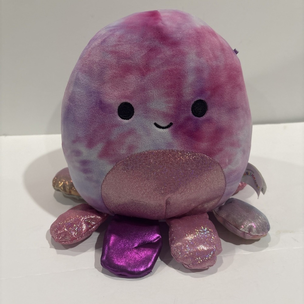 Squishmallow Adelaide Octopus Rainbow Tie Dye Glitter Pink Purple 9" Plush